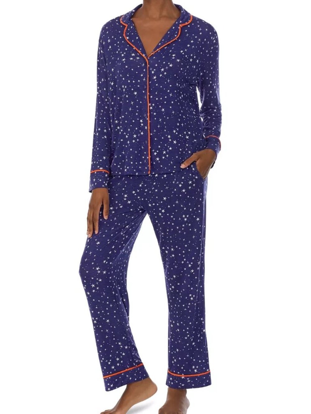 Refinery29 Women's 2-Piece Printed Notched-Collar Pajama Set, Navy Blue, XS